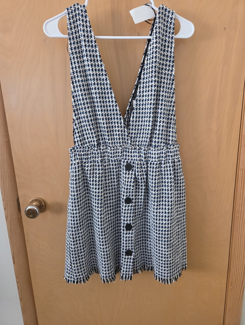 ZARA Houndstooth Button-Front Pinafore Dress in Blue, Black & White